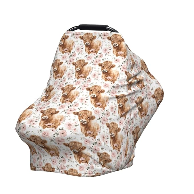 Highland Cow Baby Car Seat Covers Canopy Covers Baby Multi-Use Car Seat Canopy Carrier Cover, Breathable Breastfeeding Cover Boys & Girls