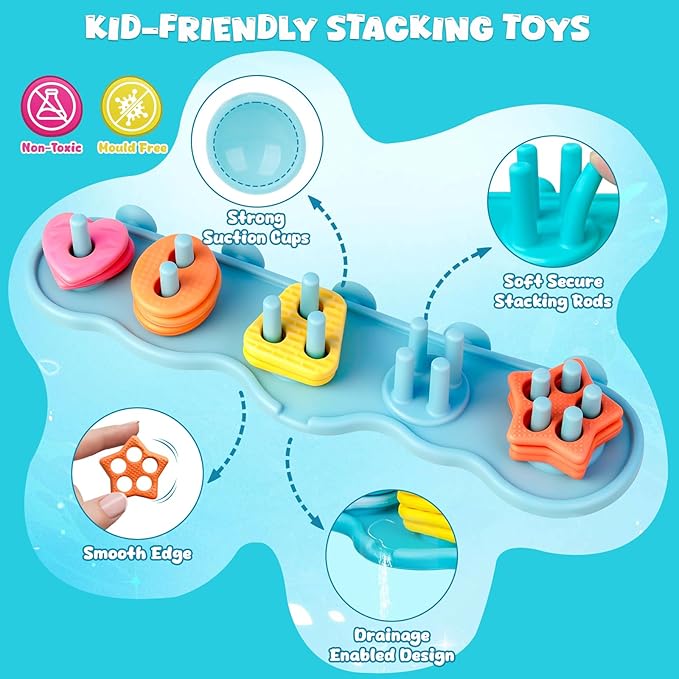 Baby Bath Toys, Mould Free Silcone Shape Sorting & Stacking Bath Toy Set, No Hole No Mold Silicone Color & Shape Sorter Bathtub Toy Early Learning Sensory Toys for Toddler