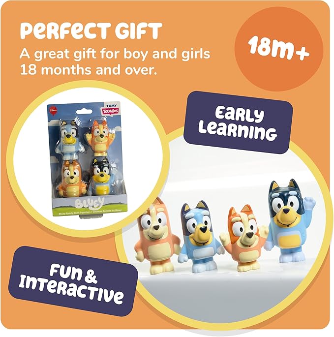 TOMY Toomies Bluey Bath Toy Squirters - Includes Bandit, Chilli, Bingo, and Bluey Figures – Toddler Water Toys for Pool or Bathtub Play - Toddler Toys Ages 18 Months and Up