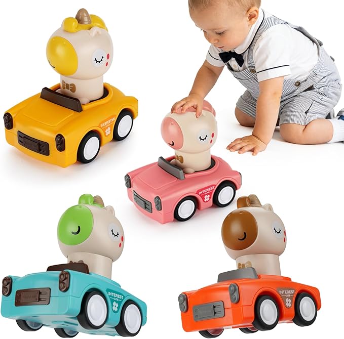 Press and Go Car Toy for Toddler 1-3,Friction Powered Animal Push Car,No Batteries Needed,BPA-Free, Easy to Clean,Indoor Outdoor Toy for 6-9-12-18 Month,Birthday Gift for 1-2 Year Old Boy Girl