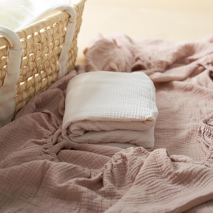 Meracorallo Muslin Mini Crib Sheet, Pack n Play Fitted Sheet, Soft and Breathable Pack and Play Playard Mattress Sheet for Baby Boys and Girls, Blush