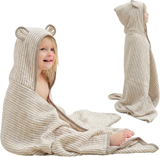 Ultra-Soft Muslin Toddler Hooded Towel – 55 x 28 Inches, Made with Organic Cotton, Gender-Neutral Warm Brown Striped Jacquard Pattern, Ideal for Bath & Beach, Newborn to Toddler