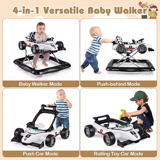 BABY JOY 4-in-1 Baby Walker, Foldable Activity Walker with Push Mode, Adjustable Height, Lights, Anti-Rollover, Baby Walker with Wheels for Boys Girls 6-18 Months (White)