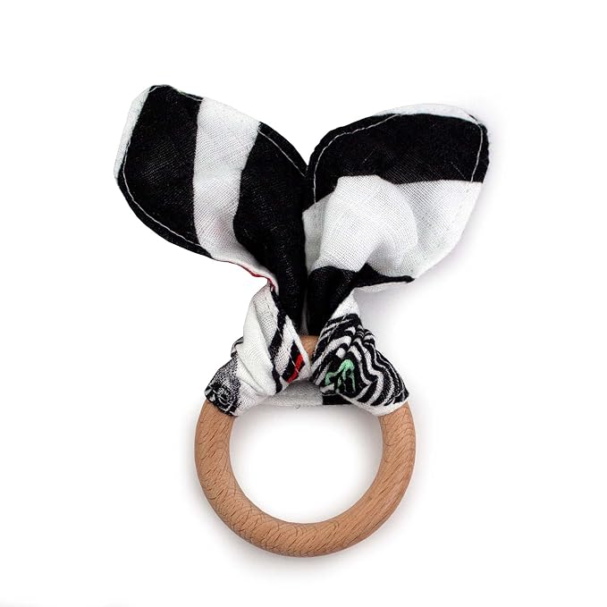 Kanga Care Baby Soft Muslin Sensory Crinkle Bunny Ear Wood Teething Ring - Mixtape Vintage