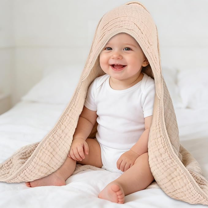 2 Pack Baby Hooded Bath Towel Muslin Cotton 32x32 Inches Brown and Misty Blue Neutral Style Elegant Colors Ultra Soft Absorbent