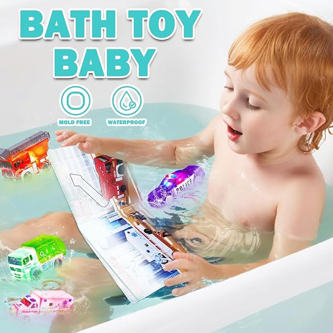 4 Floating Changing Color Light Up Bath Toy Car with Bath Book & Storage Bag, No Hole Realistic Car Bathtub Toys for Toddler Kid 18 month +, Bathroom Tub Pool Beach Swimming Party, Birthday Gift