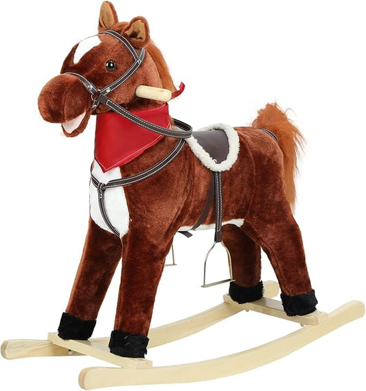 Rocking Horse Toy for Kids Plush Ride on Animal with Wooden Rockers, Moving Mouth and Wagging Tail, Musical Sounds, Baby Rocking Chair, 120kg Weight Capacity, Ages 1-6 Dark Brown Small