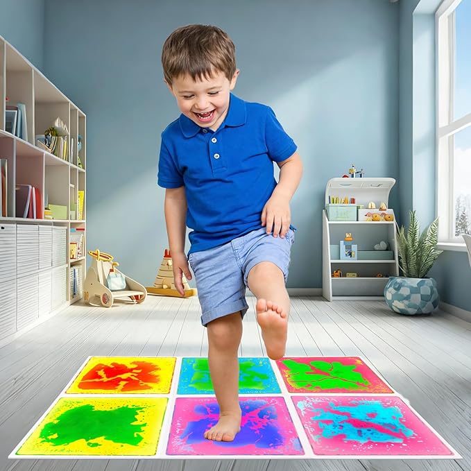 Liquid Sensory Floor Tiles for Kids: 12x12 Inch Active Play Mats for Kids Non-Toxic Leakproof - Non-Slip 6 Color-Changing Pads Stress Relief & Motor Skills Toys