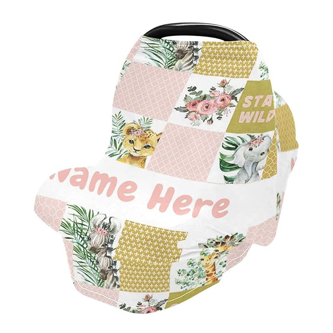 Personalized Zoo Animals Baby Car Seat Cover for Babies with Name, Custom Baby Car Seats Canopy for Girls, Nursing Breastfeeding Stroller Covers Infant Car Seat Blanket for Newborn