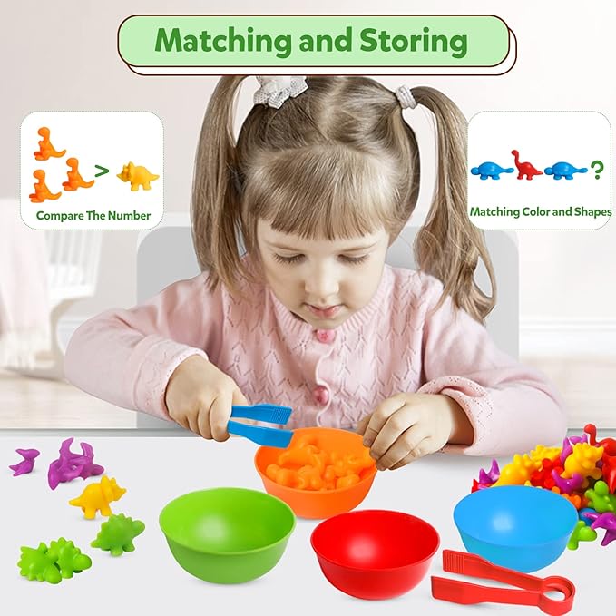 Counting Dinosaurs Toys Matching Games with Sorting Bowls for Kids Toddler Learning Activities Preschool Must Have Manipulatives Montessori Fine Motor Skills Toys Age 3 4 5 Years (Dinosaurs)