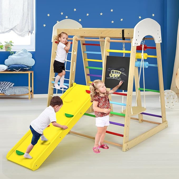 Costzon Indoor Playground, 8-in-1 Montessori Jungle Gym Beech Wood Climbing Toys for Toddlers w/Double-Sided Slide, Climbing Rock/Net, Indoor Playground Climber Playset for Kids 3+ Years (Rainbow)