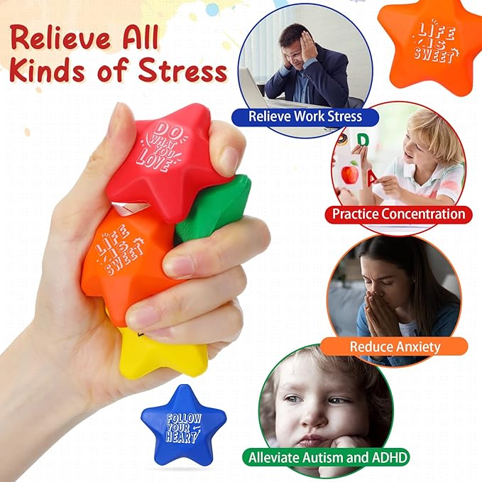 Leyndo 200 Pcs Star Stress Balls for Adults & Kids Bulk Motivational Quotes Stress Relief Colorful Foam Squeeze Balls Relief at Work/School/Home, Perfect Party Favors