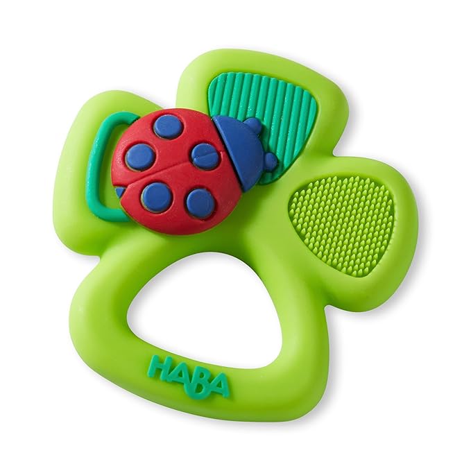 HABA Silicone Teethers for Babies 6-18 Months - Shamrock Silicone Teether Ring and Grasping Toy for Safe Sensory Development - Dishwasher Safe Baby Essentials, Sweet St. Patrick Day Gifts