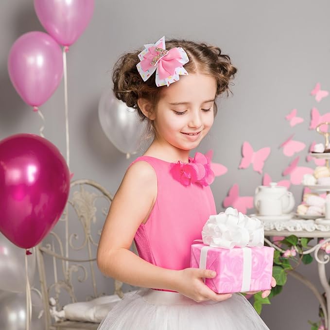 2Pcs Birthday Hair Bow for Baby Girls 2 3 4 5 6 7 Years Sprinkle Decorations Confetti Ice Cream Party Pink Pigtail Hair Accessories for Seven 7th Birthday
