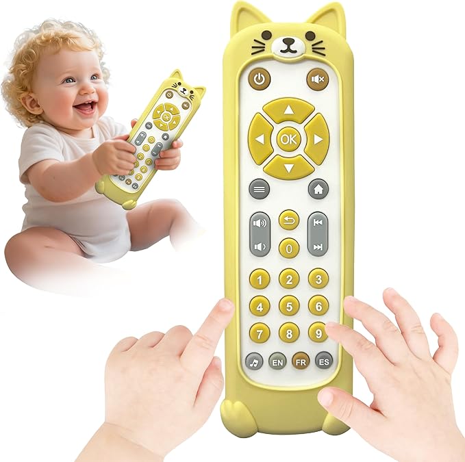 FLAMDYNO Baby Remote Control Toy with Cat Silicone Teether Cover - 3 Language Learning Toy (English/Spanish/French), 50+ Musical Sounds & Lights, Interactive Educational Gift for 6-18 Month Olds.