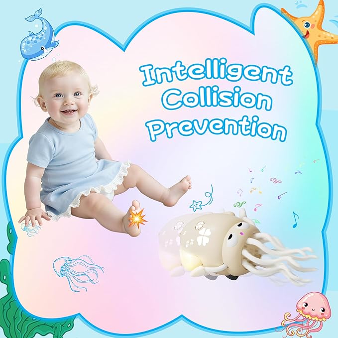 Crawling Dancing Octopus Toy for Kids – Rechargeable Interactive Sensory Toy with LED Lights & Music, Fun Tummy Time Gift for Birthdays & Holidays (Off-White)
