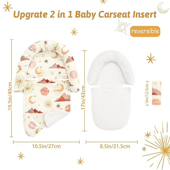 Infant Car Seat Insert for Newborn Girls Boys, Upgraded 2-in-1 Baby Carseat Head Support, Soft Reversible Baby Car Seat Insert Cushion Pad for Car Seat, Stroller, Bouncer, Swing, Moon