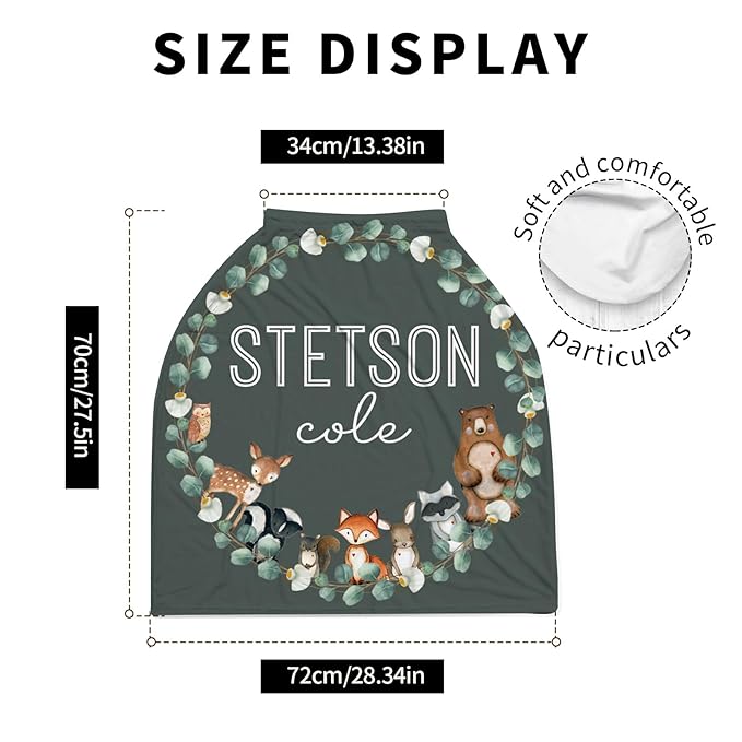 Personalized Baby Car Seat Cover Stroller Canopy: Custom Name Newborn Baby Boy Girl Elastic Woodland Animals Nursing Cover for Moms First Birthday Gift Dark Green(one Size)
