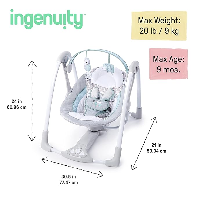 Ingenuity Compact Lightweight Portable Baby Swing with Music, Nature Sounds and Battery-Saving Technology - Abernathy, 0-9 Months