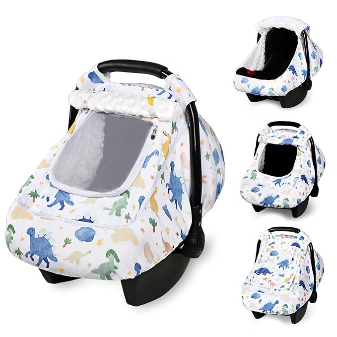 Car Seat Cover Baby Boy, Infant Carseat Covers with Mesh, Dual-Layer Protection for Summer Winter, Easy Access Newborn Canopy Breathable, Windproof & Fit Baby Stroller, Dinosaur