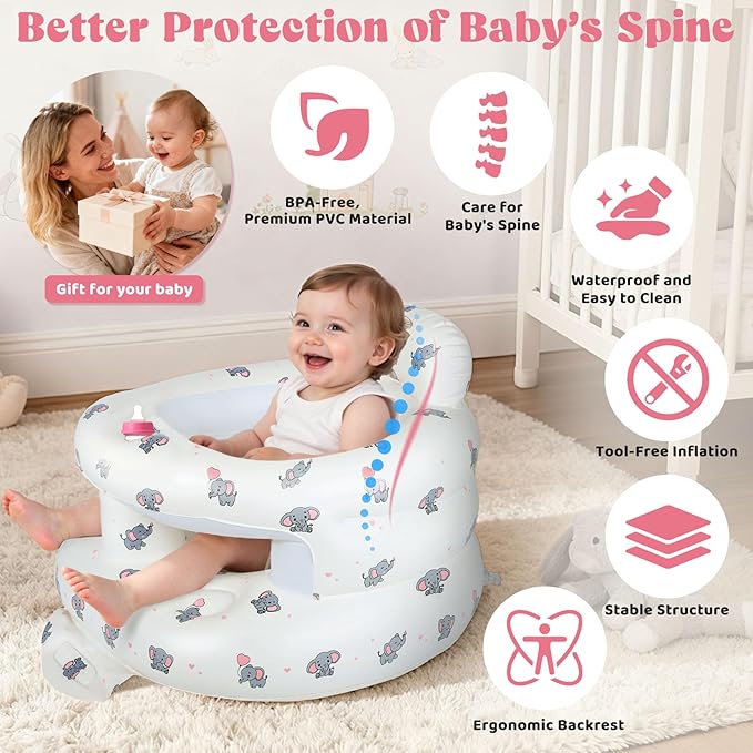 Inflatable Baby Seat for 3-36 Months, Baby Seats for Infants for Sitting Up with Back Support Built in Air Pump, Surround Sit Me Up Floor Seat for Baby Chair for Learning Sit, Feeding (Elephant)