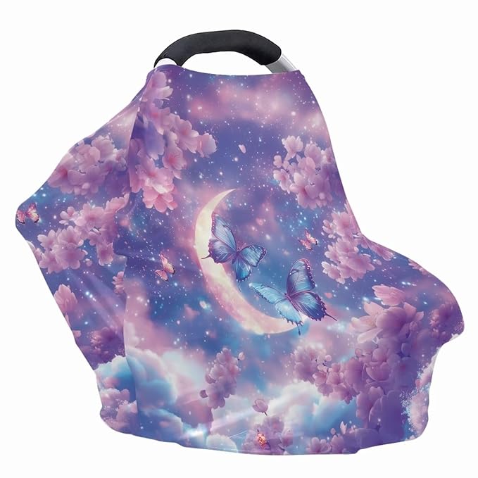 GIFTPUZZ Butterfly Baby Girls Car Seat Cover Canopy, Multi-Use Ultra Soft Nursing Cover Breastfeeding Infant Carseat Canopy, Universal Fit for Stroller High Chair Shopping Cart Canopies