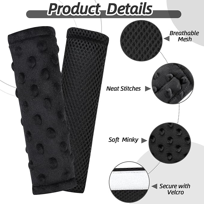 Baby Car Seat Strap Pads, Toddler Car Seat Strap Shoulder Covers for Baby Kids, Double-Sided Car Seat Belt Covers for Stroller/Pushchair/Baby Swing, Soft Flannel & Mesh, Black