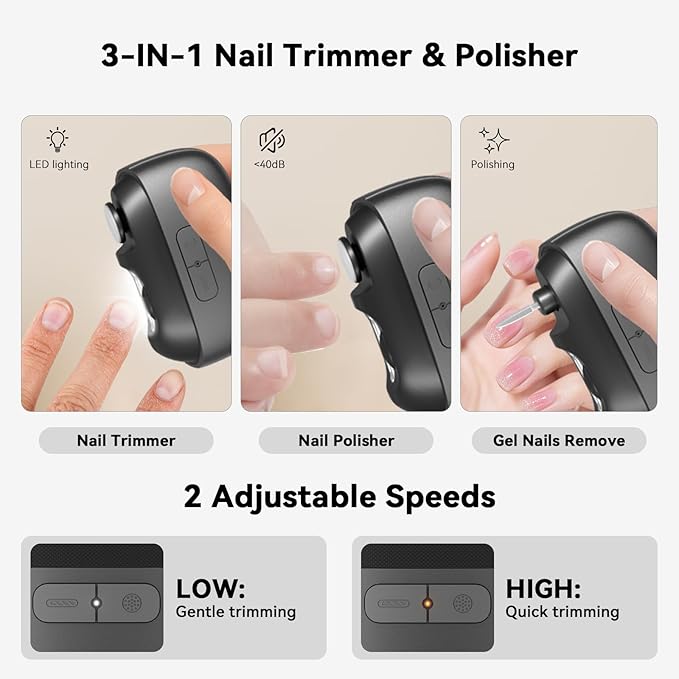 Electric Nail Trimmer – 3-in-1 Electric Nail Clippers with Polisher, 2-Speed Strong Power Automatic Nails Trimmers with Nail Scraps Collector for Seniors and Babies (Dark Gray)