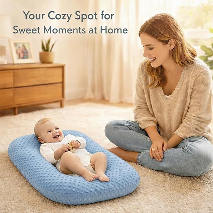 Baby Lounger for Newborn,Baby Play Mat Soft Cotton Breathable for Playtime & Relaxation,Flat Babies Essentials Gifts,0-12 Months Home Travel(Blue Bean)