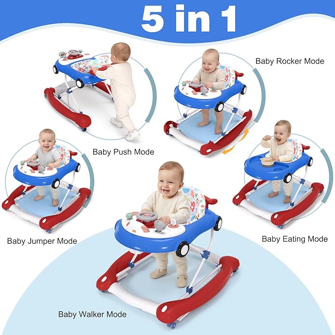 5-in-1 Convertible Baby Walker with Steering Wheel Music Activity Center – Infant Rocker, Jumper, Push Walker, Bouncer & Feeding Foldable Walker for Ages 6-18 Months Boys Girls (Red Blue)