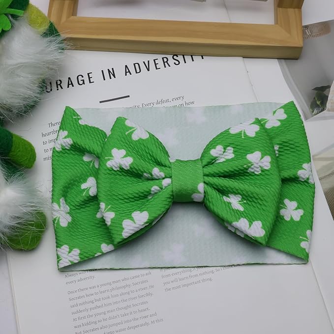 St. Patrick's Day Baby Girls Headbands, Green Clover Printed Big Bows for Baby Girls Elastic Irish Wide Hairbands for Toddlers Newborn Infant Gifts