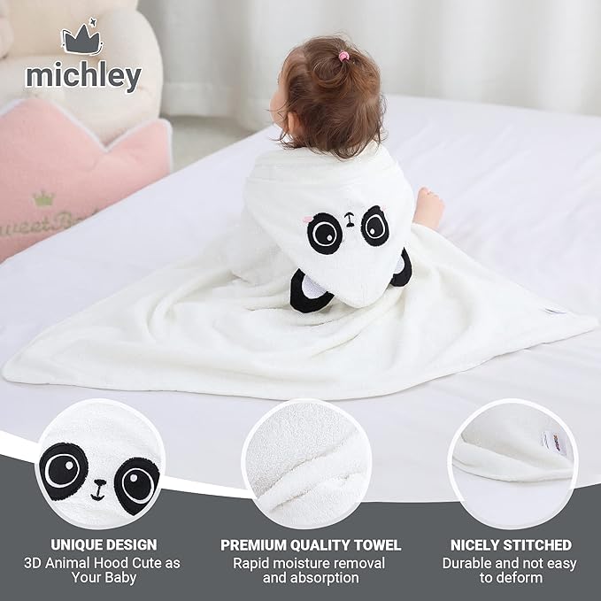 MICHLEY Bamboo Viscose Baby Hooded Bath Towel for 0-5 Years Boys and Girls, 29.5 x 39.5 Inch Ultra-Soft and Quick-drying Infant Bath (Panda)