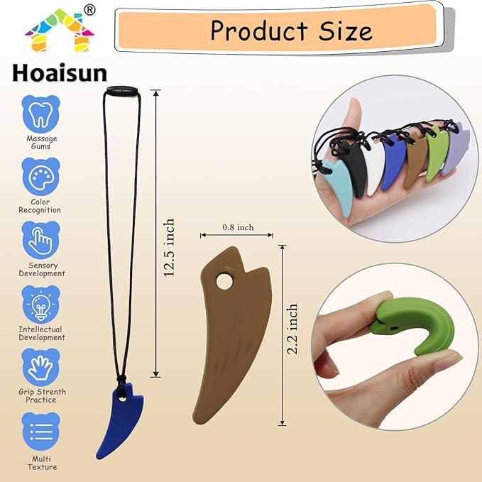 Chew Necklaces for Sensory Kids, 7 Pack Saber Tooth Sensory Chew Necklaces for Boys and Girls with Autism, ADHD, SPD, Chewing, Biting, Teething, Silicone Oral Chew Toy for Adults Reduce Anxiety Fidget