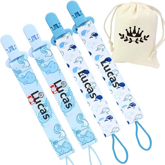 4 Pcs Personalized Dummy Strap Clip, Customized Pacifier Clip Dummy Holder Straps with 4 Silicone Adapter, Soother Chains Clips Fit All, Soothers, Teething Toys, Baby Essentials (Blue)