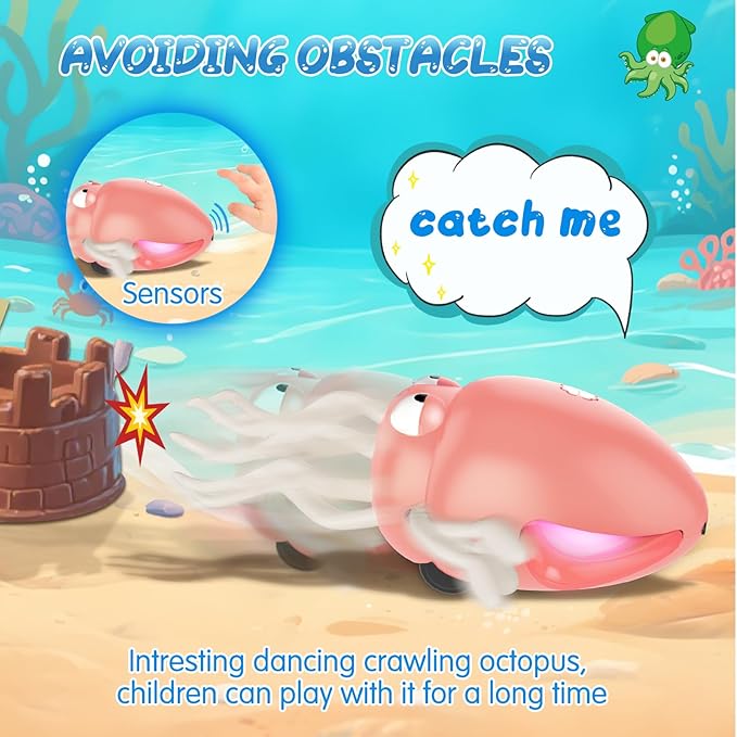 AOTIBO Baby Dancing Octopus Toy for 1 2 3 4 5 Year Old Boy Girl, Baby Tummy Time Electric Crawling Octopus Toys 12-18 Months, Dancing Squid Toy for Walking Toddlers, Kids 1st Birthday Gifts, Pink