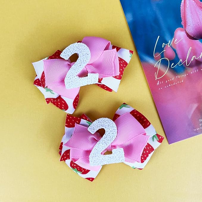 Birthday Hair Bow for Baby Girls - 2Pcs Pink Strawberry Hair Clips for 2nd Birthday Baby Bow Party Decorations for Girls Toddlers Hair Accessories