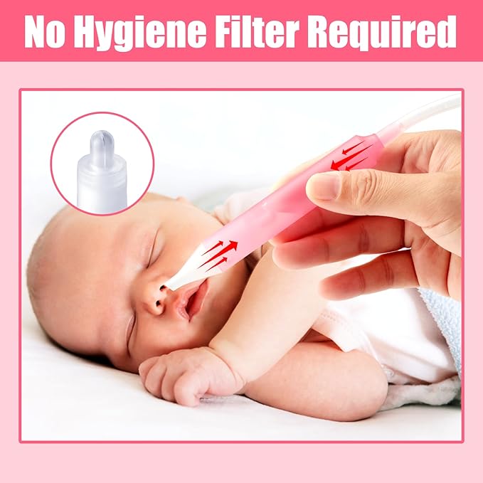 Nasal Aspirator for Baby, Nasal Congestion Relief Nose Cleaner with 2 Silicone Tips 25 Hygiene Filter for Babies Infants Toddlers Boys Girls (Pink)