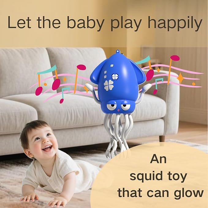 Interactive Dancing Squid Toy - Smart Obstacle-Dodging, USB Rechargeable LED Lights & Music, Sensory Tummy Time Toy for Toddlers (Yellow)