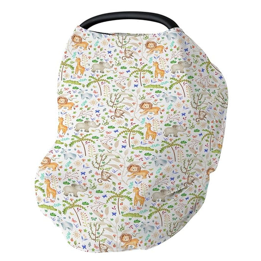 Boho Zoo Jungle Safari Car Seat Cover for Babies Zoo Animals Tropical Leaves Stretchy 5-in-1 Cover Adjustable Car Canopy Breastfeeding Cover Wildlife Adventure Breathable Nursing Cover-Up