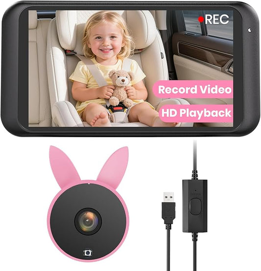 Babyvue Car Camera for Baby with Video Recording & Playback, 4.5" 1080P HD Baby Car Monitor, Auto Night Vision, USB Plug & Play Car Baby Monitor, Rear Facing Car Seat Camera for Infants/Kids,Pink