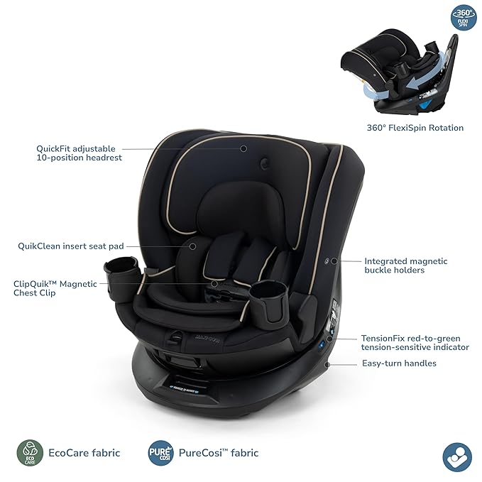 Maxi-Cosi Andi 360 Rotating All-in-One Baby Convertible Car Seat, Rear Facing, Forward Facing Infant Toddler Booster, Easy Rotation, Tension System, Harness Adjust, Caspian Caviar