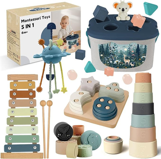 Montessori Toys for 6-12 Months, Baby Toys 6-12-18 Months with Baby Blocks Cup Toys, Pull String Toys, Shape Sorting Baby Development Toys for 6-24 Months Girls Boys Birthday Chiristmas Gifts