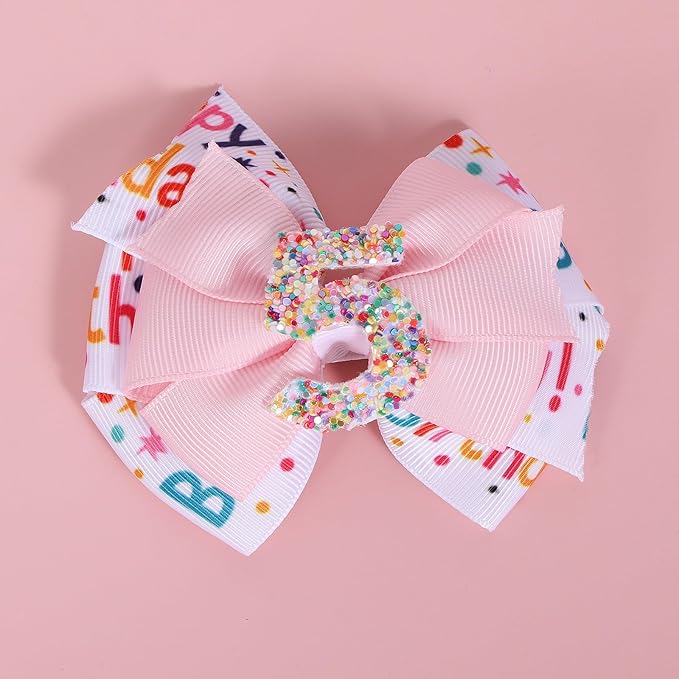 2pc Happy Birthday Ribbon Hair Bow Clips Barrettes,3.5" Glitter Pink Sprinkle Alligator Hairpins for Girls Teens Toddlers Kids 5th Birthday Party Dress Accessory Gifts