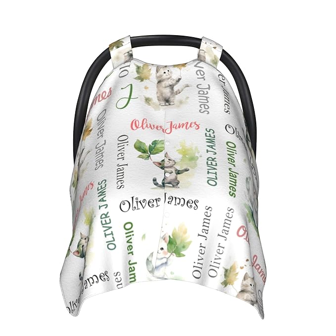 Custom Baby Car Seat Canopy Personalized Car Seat Covers with Name for Baby Boys Girls Customized Cat Nursing Breastfeeding Cover Infant Carseat Canopies Newborn Minky Baby Blanket