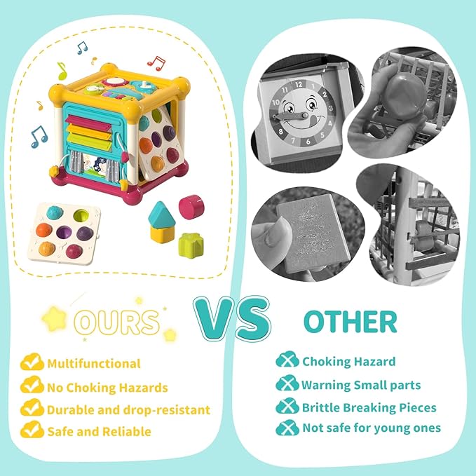 Baby Activity Cube, 6-in-1 Educational Early Development Toy with 4 Sensory Shape Blocks, Music Busy Board, Montessori Toys for 1 2 Year Old, Birthday Gift for 1 Year Old