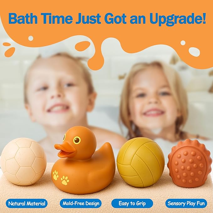 Baby Bath Toys 6-12 Months, 9 Pcs Wheat Straw Sensory Balls & Ducks, No Hole Floating Toddler Bath Toys, for Boys & Girls 1-3, Textured Squeeze Stress Relief Montessori Set