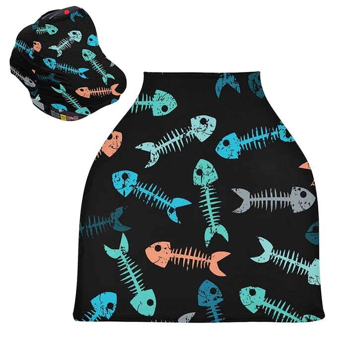 Multicolor Fish Skeleton Bone Skull Tattoo Print On Black Stretchy Baby Car Seat Cover Infant Canopy Nursing Covers Breastfeeding Cover Breathable Windproof Winter Scarf for Boys Girls