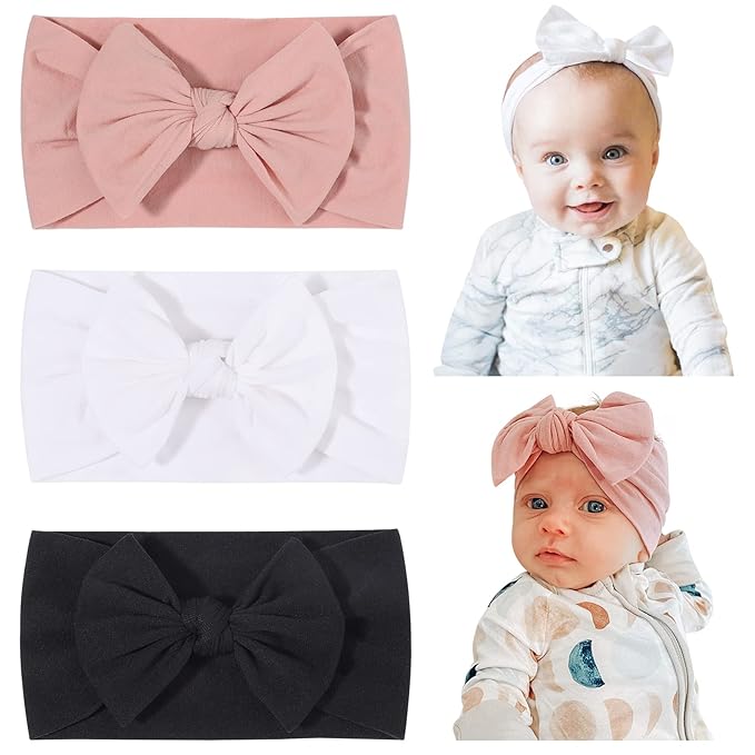 jollybows 3PCS Baby Nylon Headbands Hairbands Hair Bow Elastics for Baby Girls Newborn Infant Toddlers Kids (1-Black+White+Pink, 1 Count (Pack of 3))