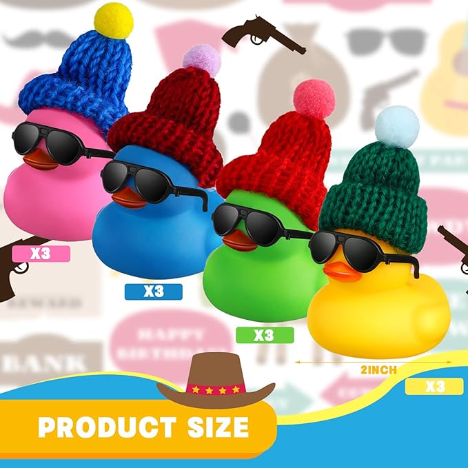 Chivao 12 Pcs Mini Rubber Ducks with Sunglasses/ Glasses and Hats/ Necklace, Cruise Rubber Ducks in Bulk Small Bathtub Toy for Hiding Party Favor(Fresh Color,Vivid Style)
