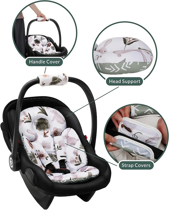TinlyFinly Newborn Car Seat Insert, Head and Body Support, Reversible Infant Insert Compatible with Baby Carseat, Stroller, Mamaroo Swing, Rocker, Bassinet, Bouncer. Baby Car Seat Cushion - Rabbit